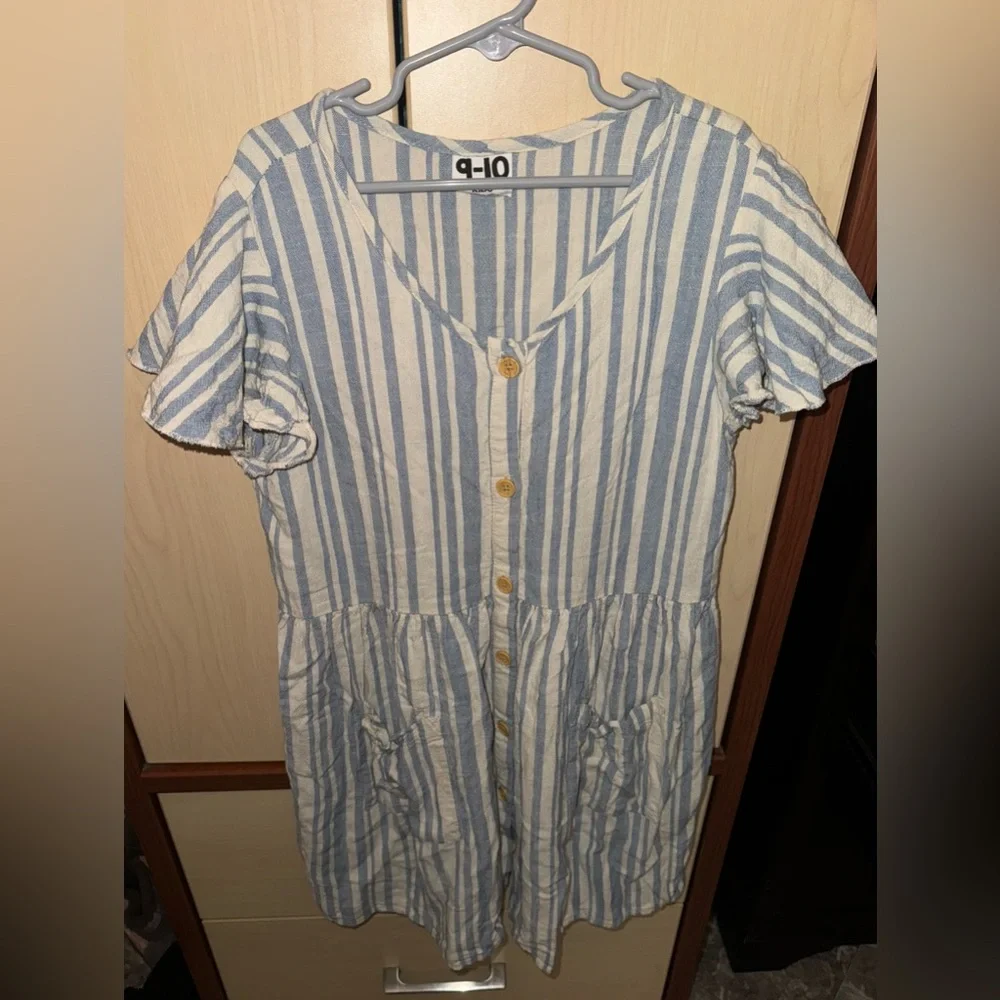 Cotton On Girls Blue White Striped Button Front Dress Size 9-10